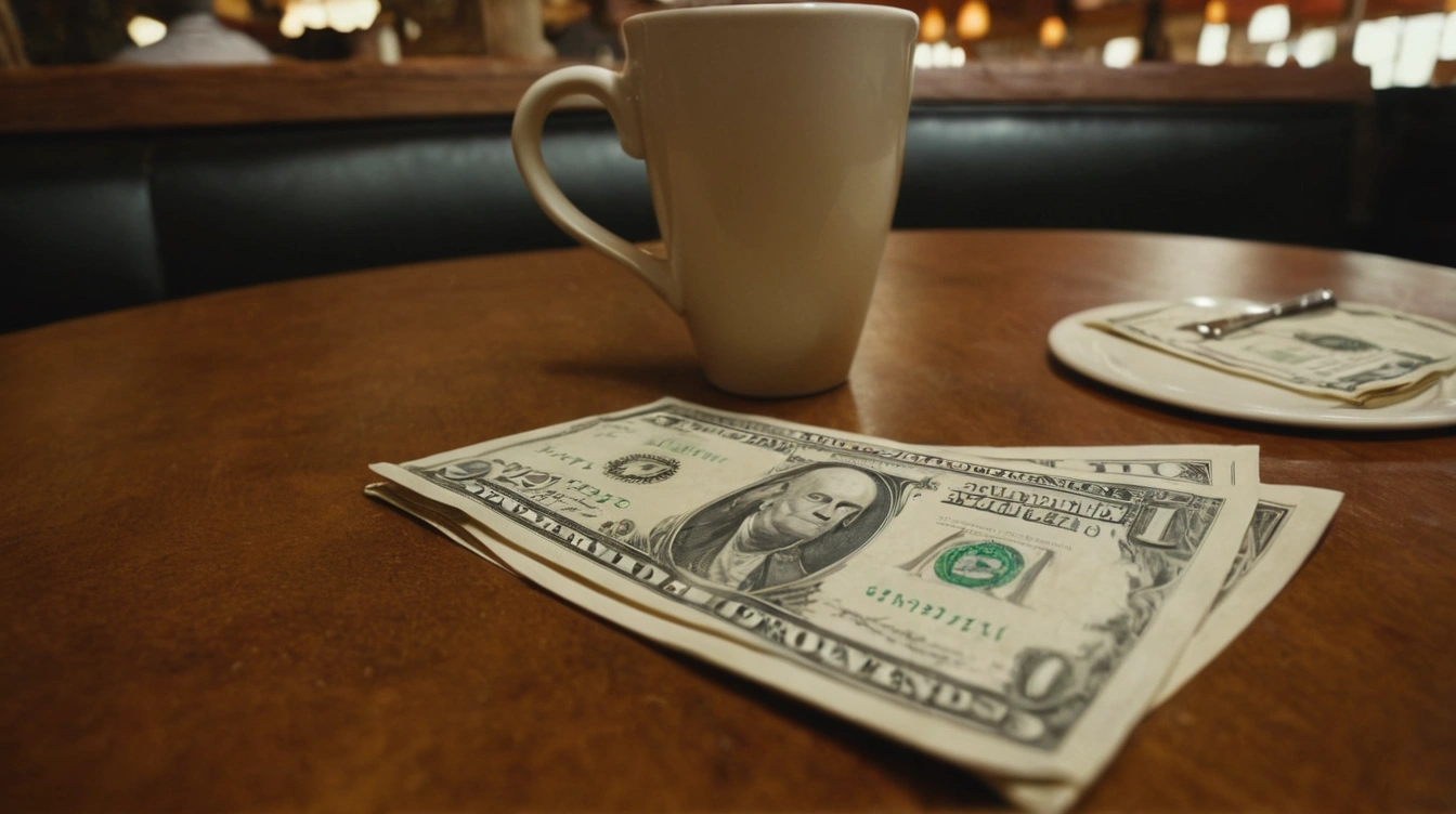 Restaurant bill over a diner table, few dollar bills and some change, cup of coffee. Budgeting approaches.