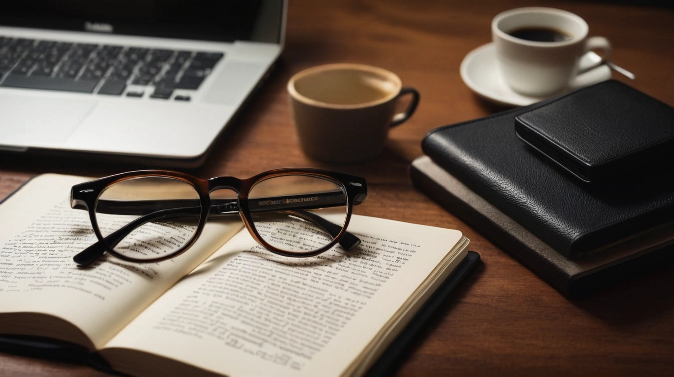 Eyeglasses, books, notebook and an e-reader.